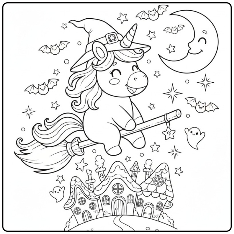 Flying Witch Easy Halloween Unicorn coloring page