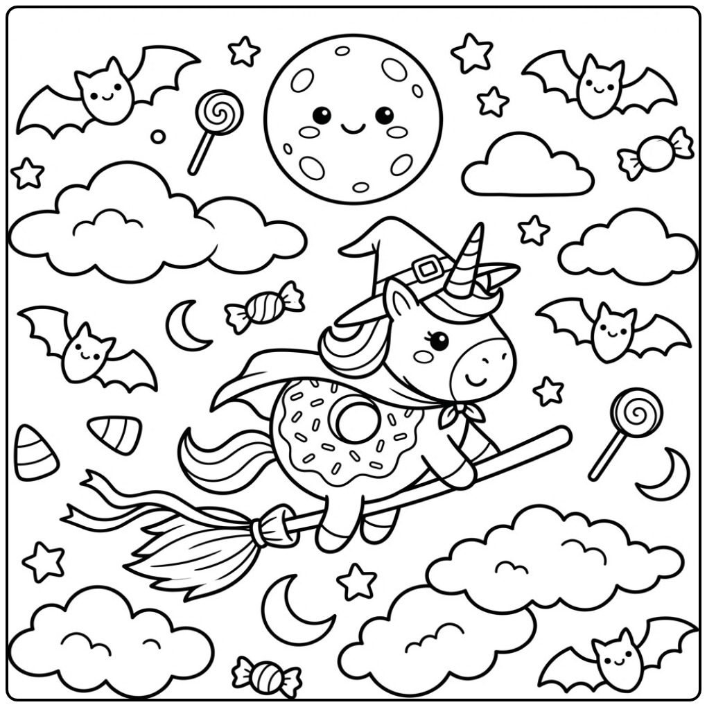 Flying Witch on a Halloween Donut Unicorn coloring page