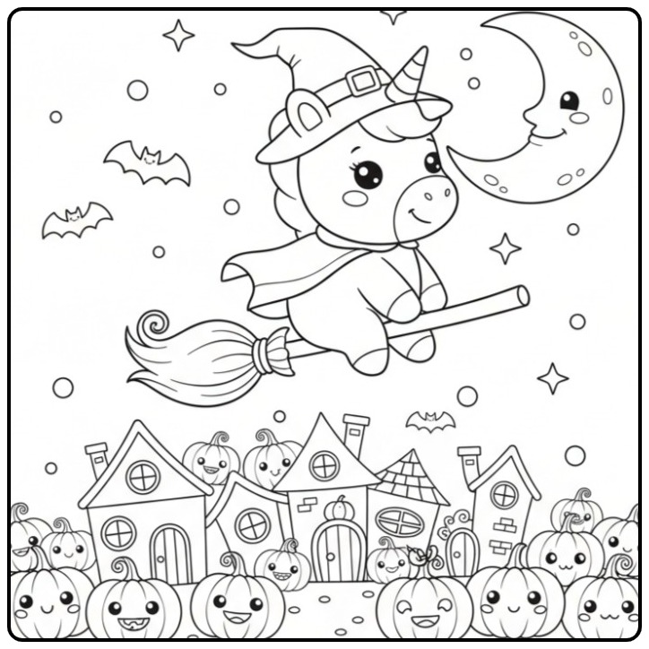 Flying Baby Unicorn Halloween with Pumpkins coloring page