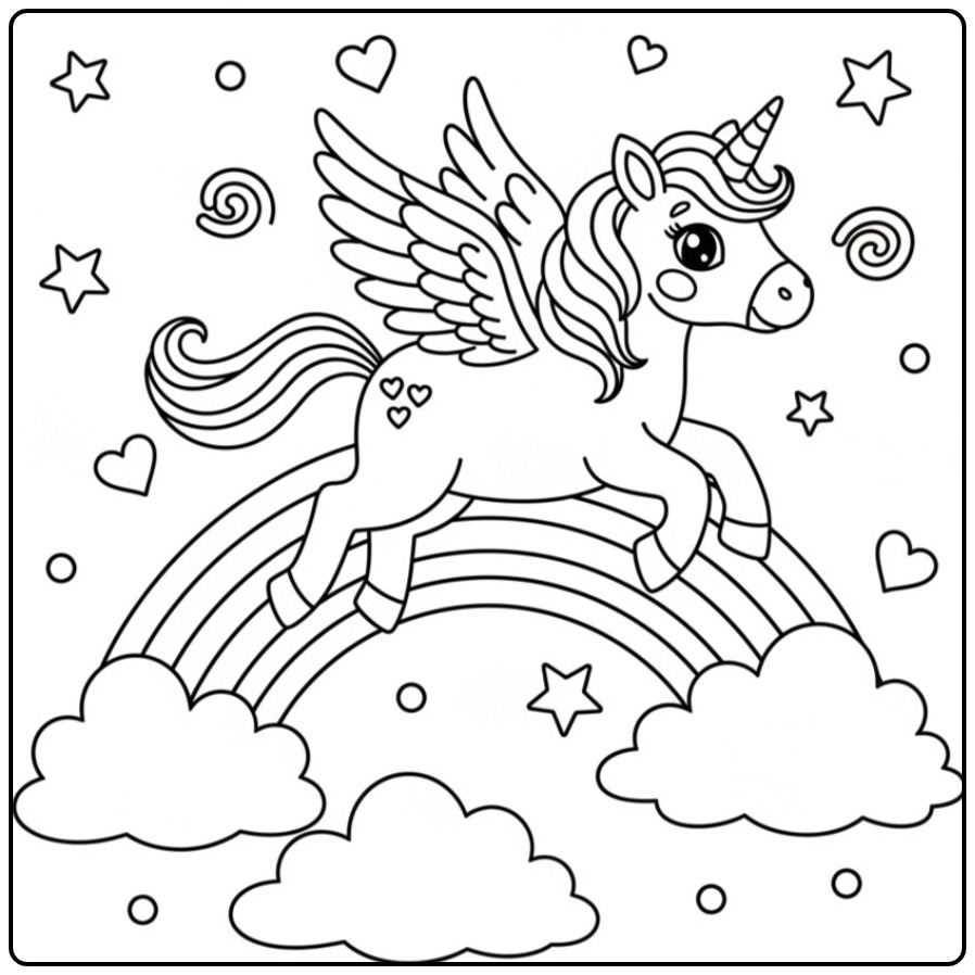 Flying Unicorn with Wings Above the Clouds coloring page