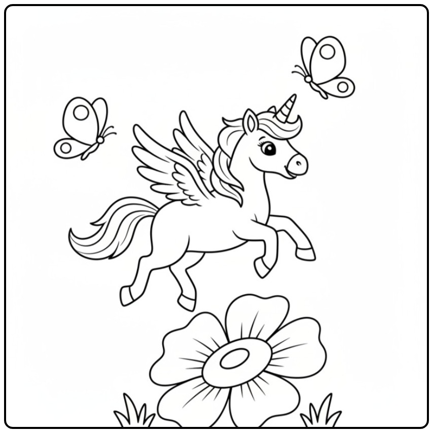 Flying Unicorn with Wings Above a Flower coloring page