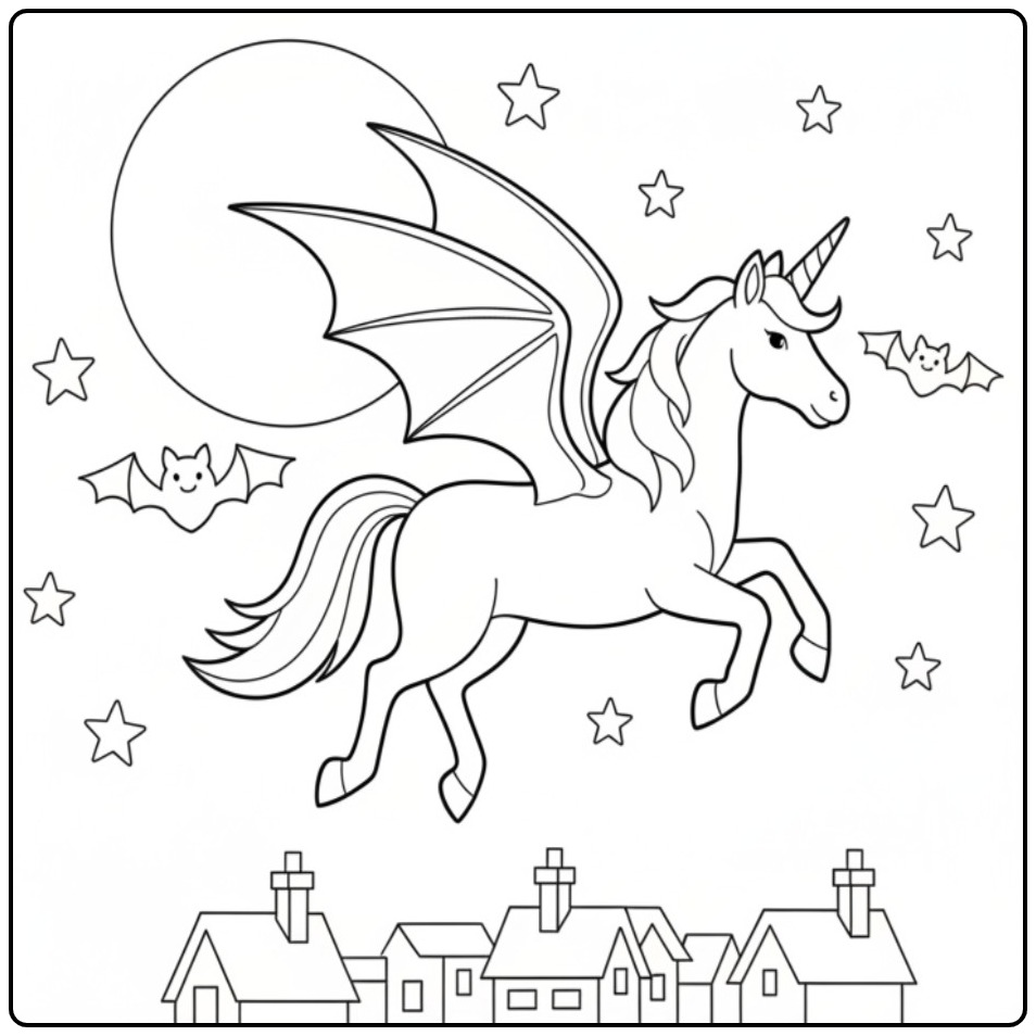 Flying Unicorn and Bat for Halloween coloring page