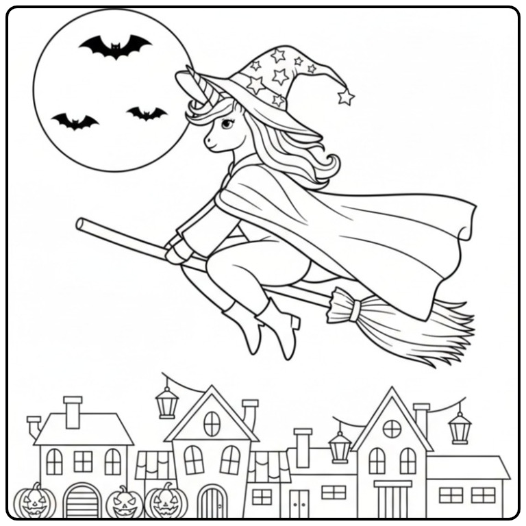 Flying Unicorn Witch for Halloween with Bats coloring page