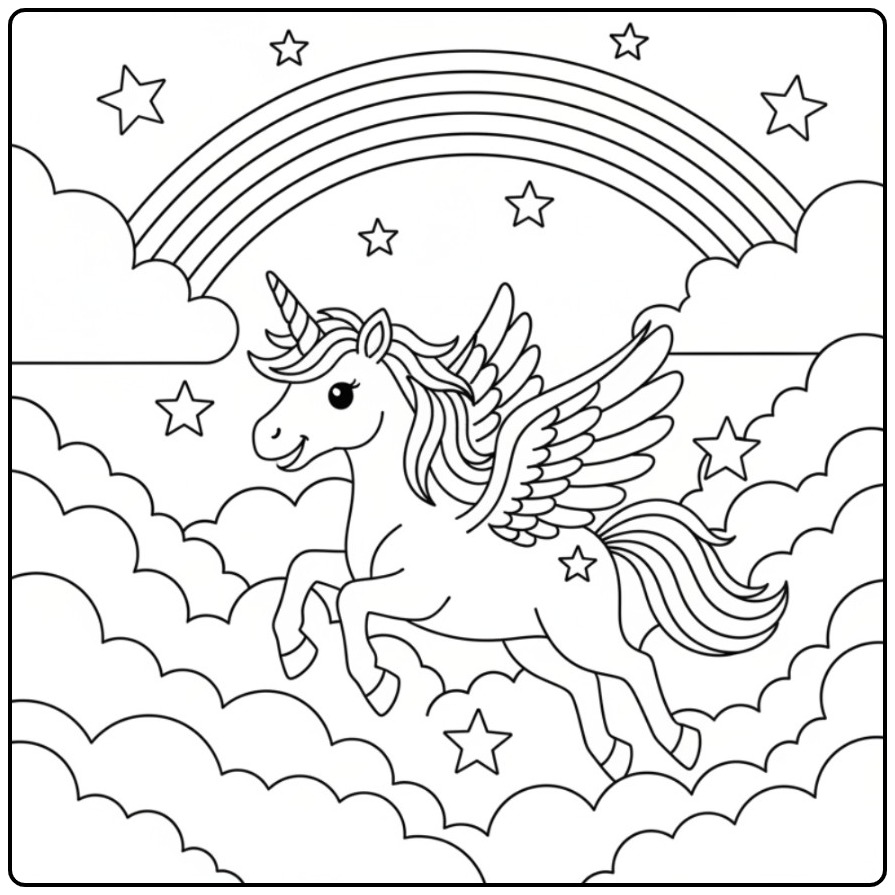 Flying Unicorn Easy Under a Rainbow coloring page