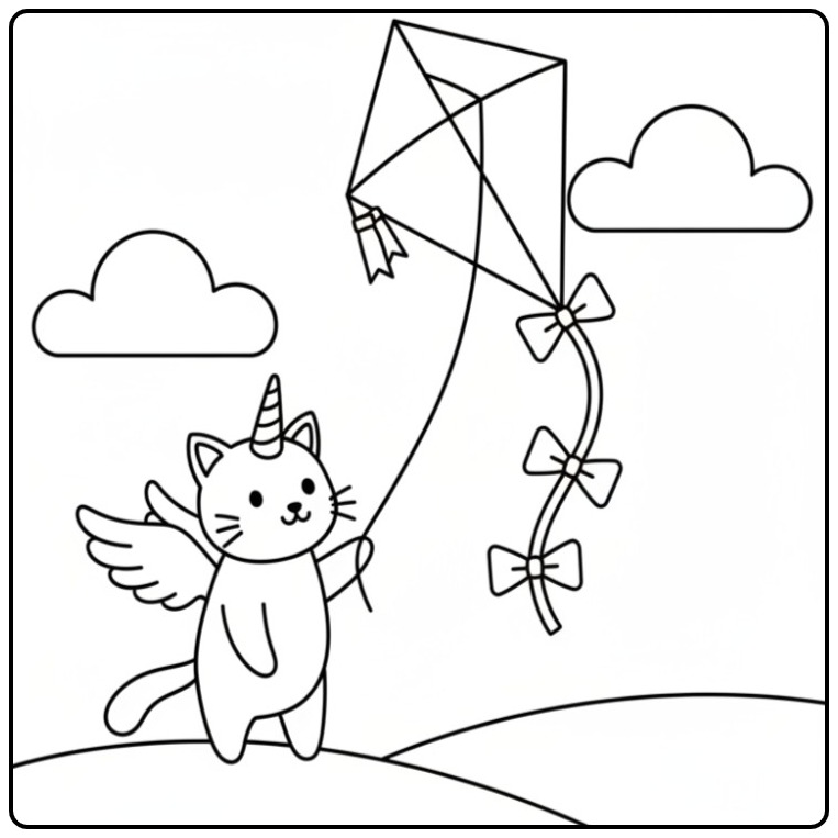 Flying Kite with a Magical Unicorn Cat coloring page