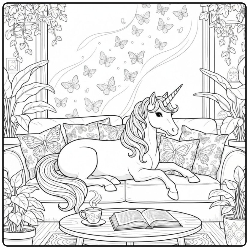 Butterflies Unicorn a Magical Break on the Couch coloring page