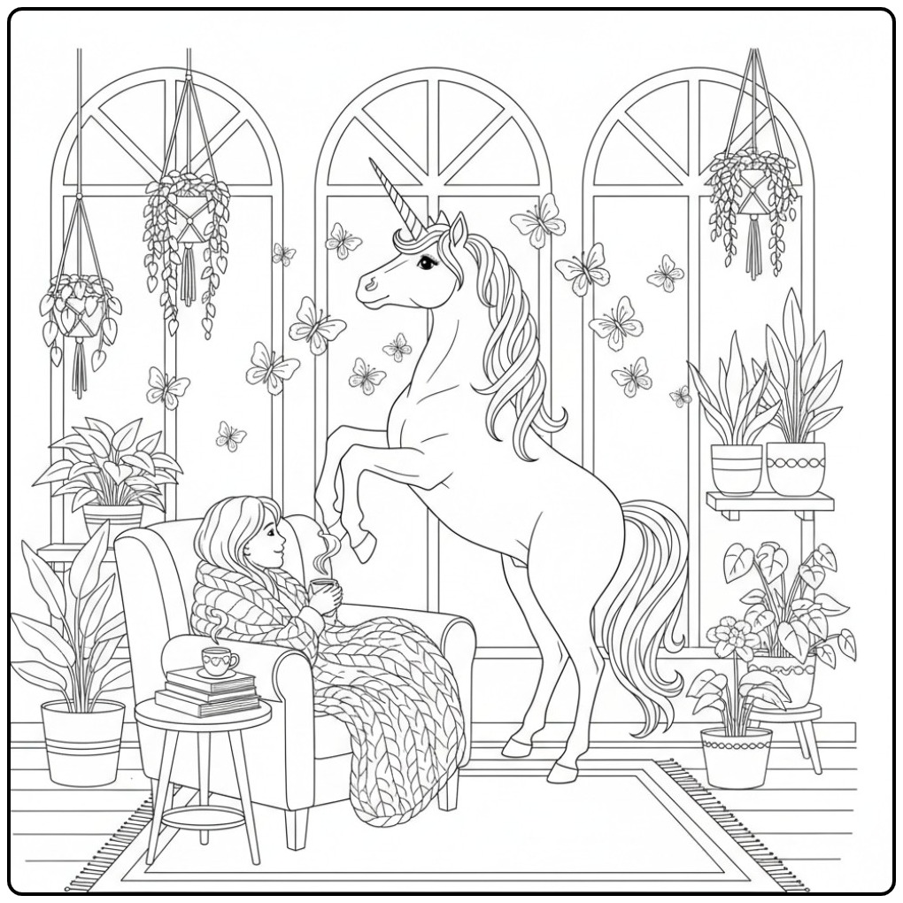 Butterflies Unicorn Girl Tea and a Loyal Friend coloring page
