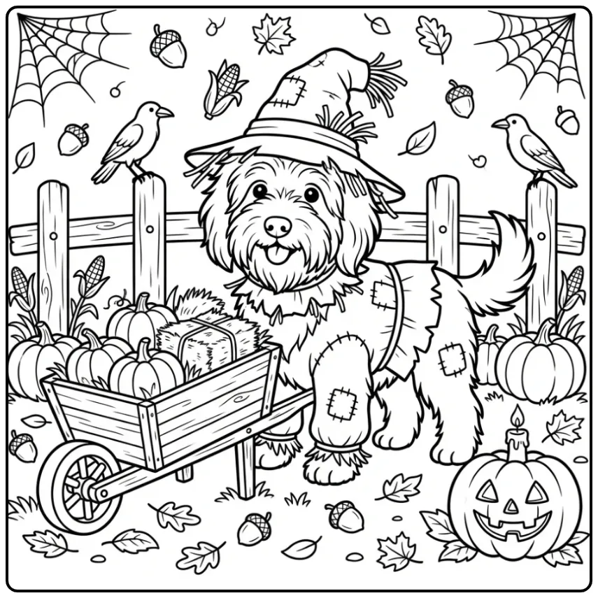 Schapendoes Halloween Dog Dressed as a Scarecrow coloring page