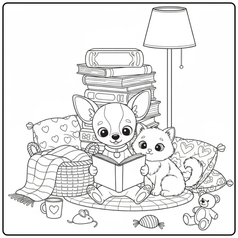 Chihuahua and Kitten in a Cozy Reading Corner coloring page