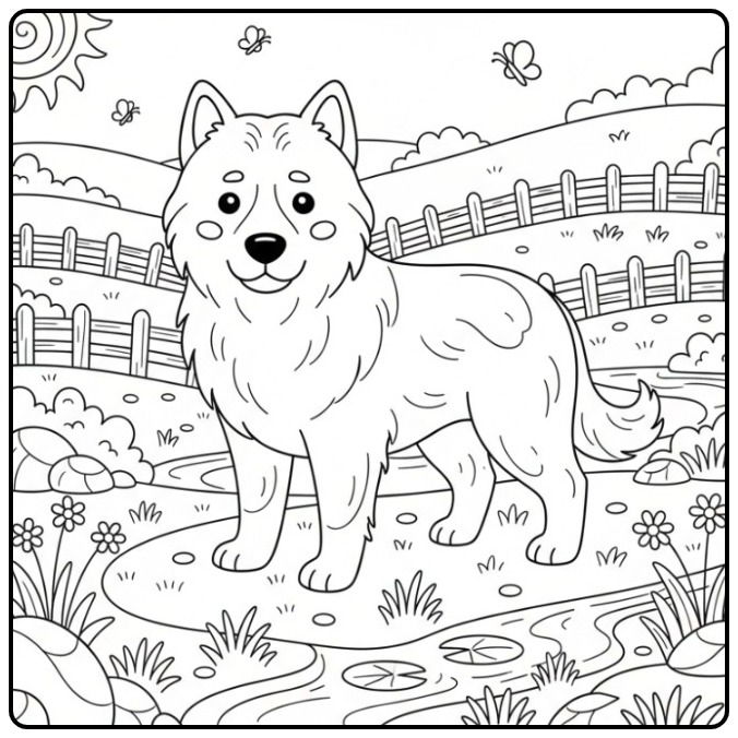 Akbash Dog Guarding a Hilly Landscape coloring page