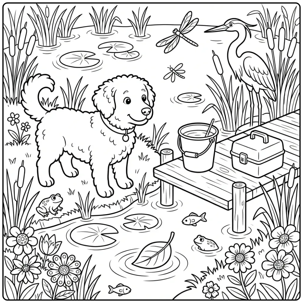 Wetterhoun by the Water with Fishing Gear coloring page