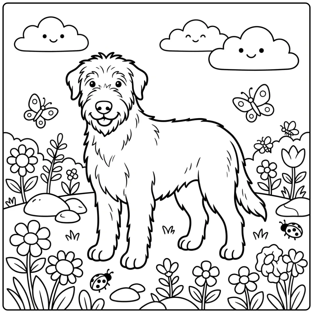 Friendly Irish Wolfhound in a Flower Meadow coloring page