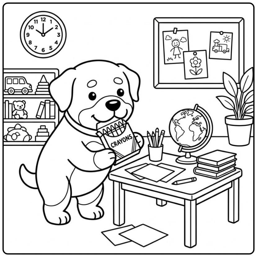 Rottweiler Bringing Colored Pencils to Class coloring page