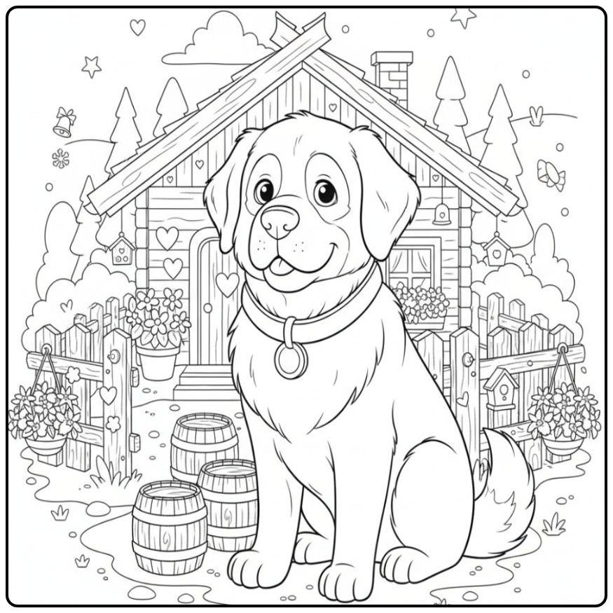 Saint Bernard Resting by an Alpine Cabin coloring page