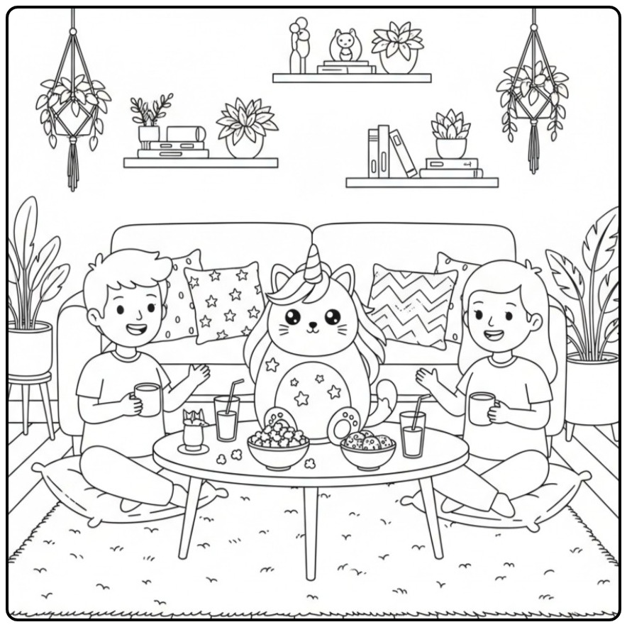 Friends and a Magical Unicorn Cat coloring page