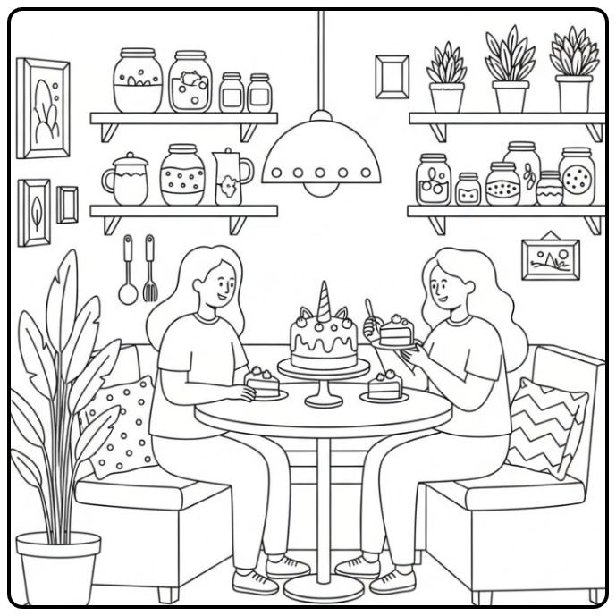 Friends Genieten of a Unicorn Cake coloring page