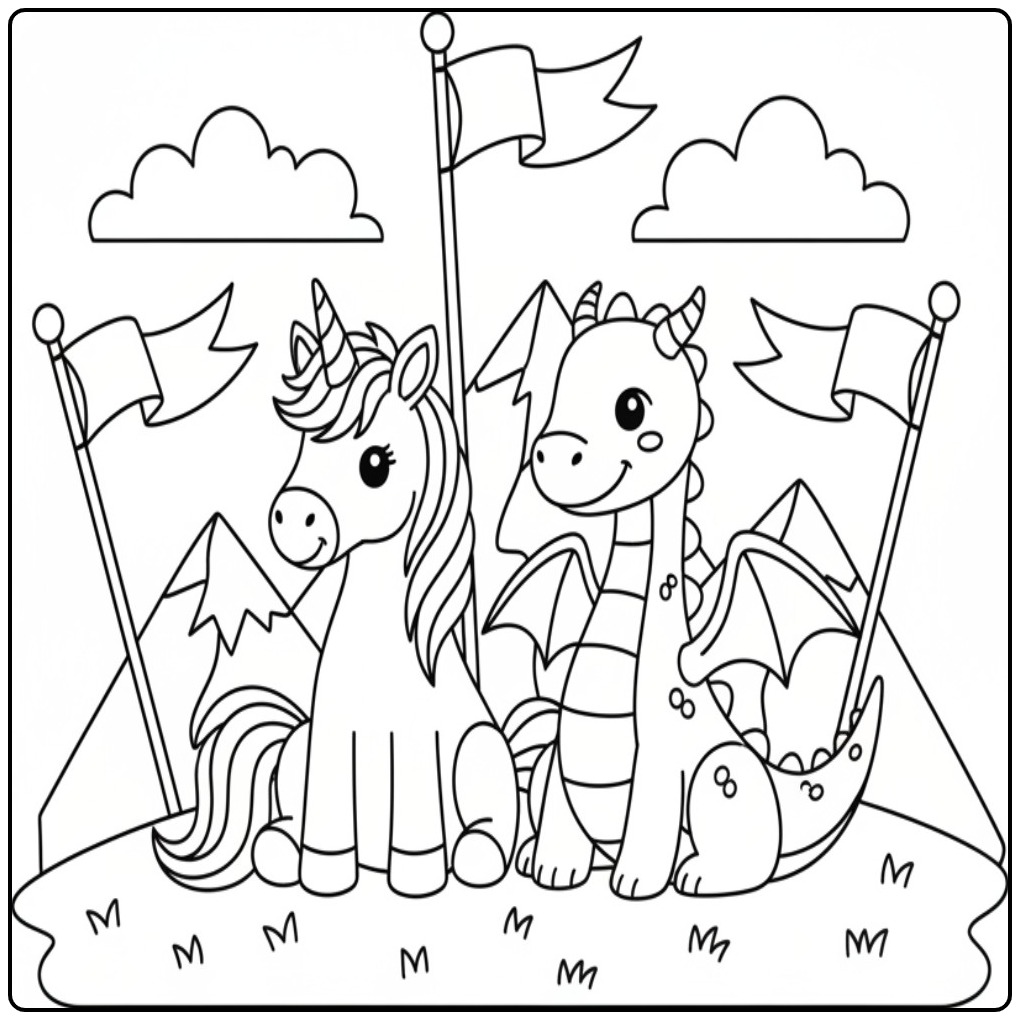 Friends and Dragon Unicorn Easy coloring page