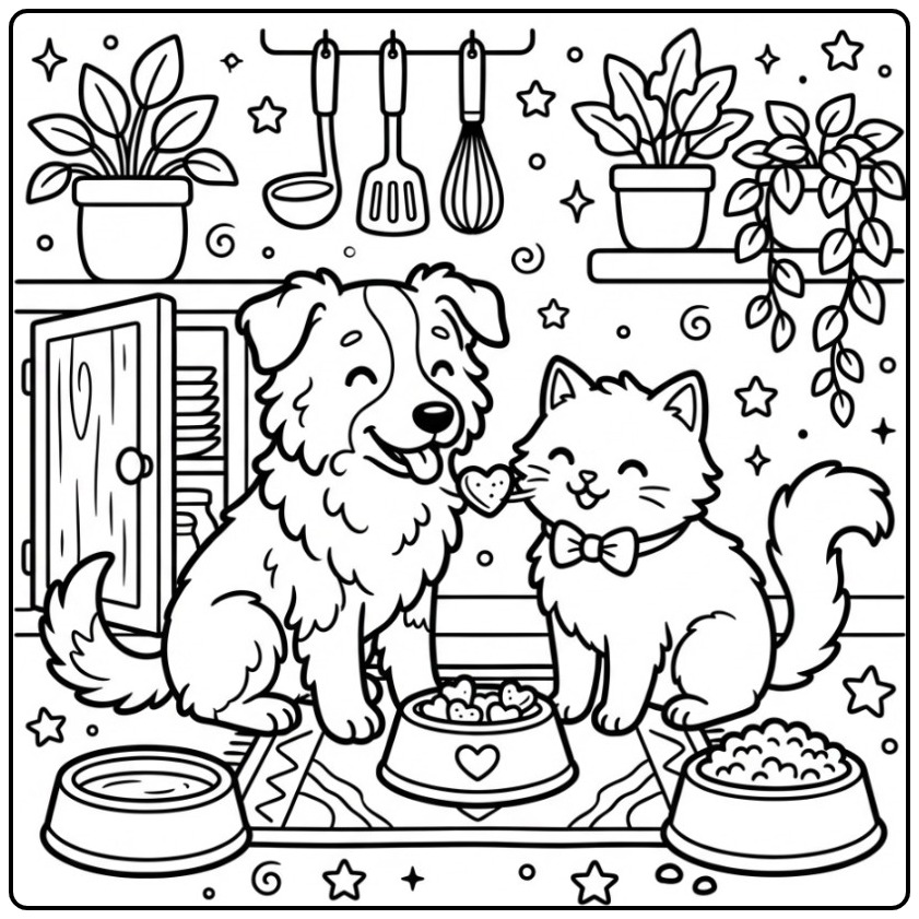 Border Collie Sharing a Treat with a Cat coloring page
