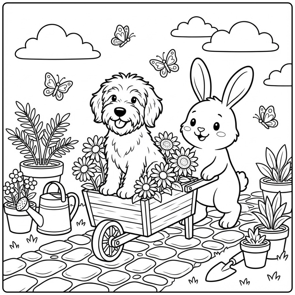 Labradoodle in a Wheelbarrow with a Rabbit coloring page