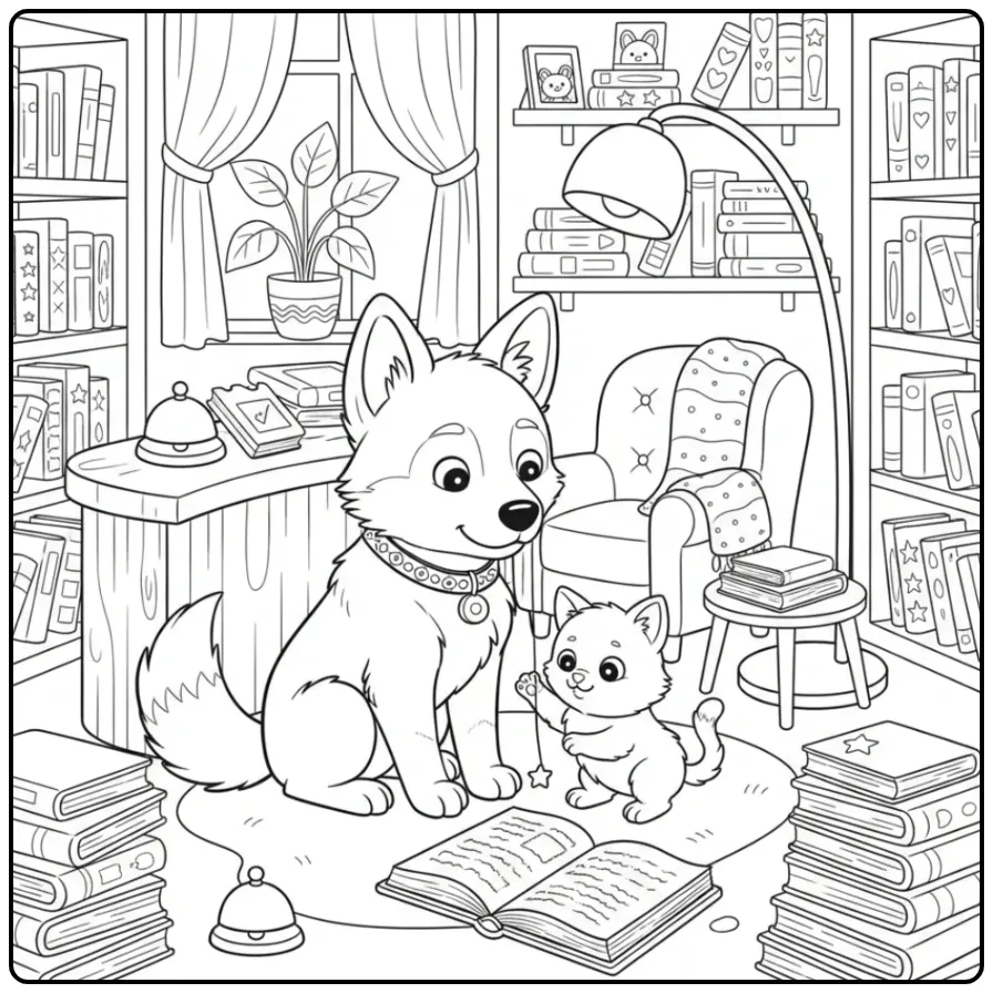 Saarloos Wolfdog and Kitten in a Bookstore coloring page