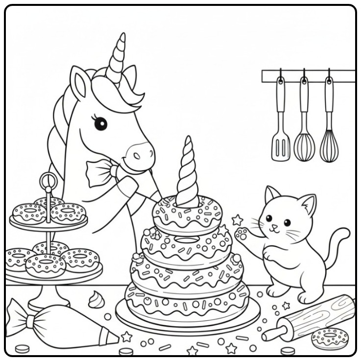 Friends Building Together a Unicorn Cake coloring page
