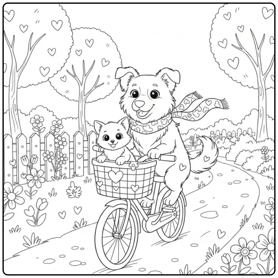Border Collie and Kitten Riding in a Bicycle Basket coloring page