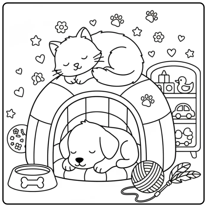 Puppy in a Doghouse with a Cat on the Roof coloring page