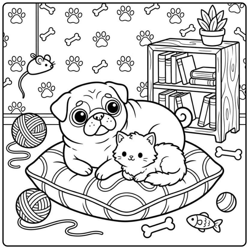 Friends for Forever Pug and a Kitten coloring page