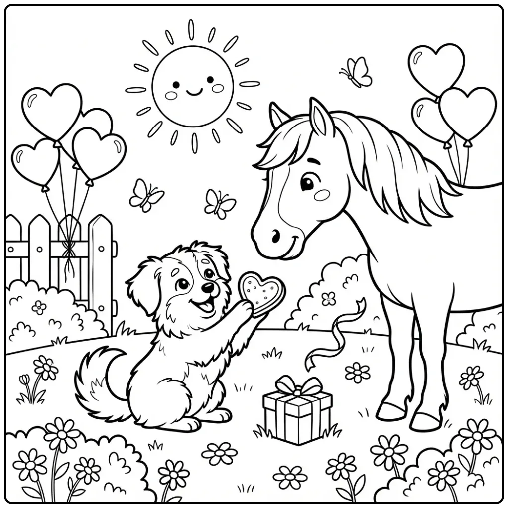 Markiesje and Horse Celebrating Friendship in a Meadow coloring page