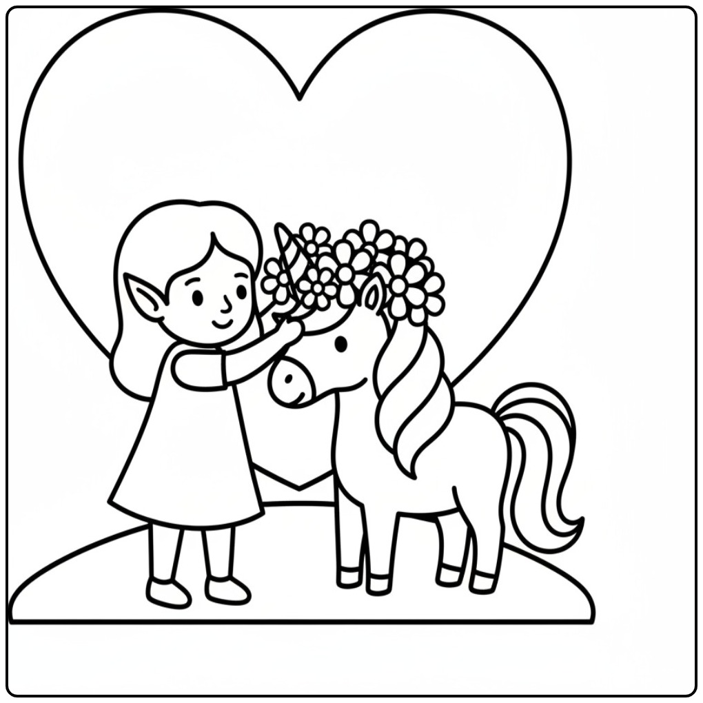 Friendship on a Fairy and Unicorn with Heart coloring page