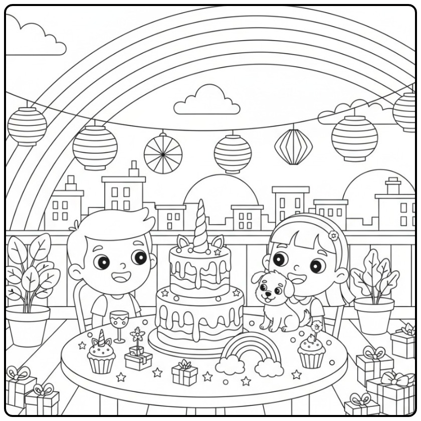 Cheerful Party with a Unicorn Cake and Rainbow coloring page