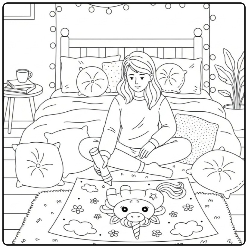 Cheerful Girl with Her Baby Unicorn on the Floor coloring page