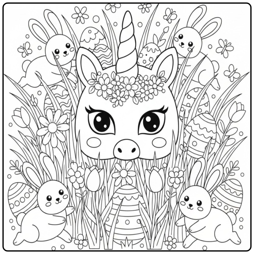 Cheerful Unicorn Easter Mask and Rabbits coloring page