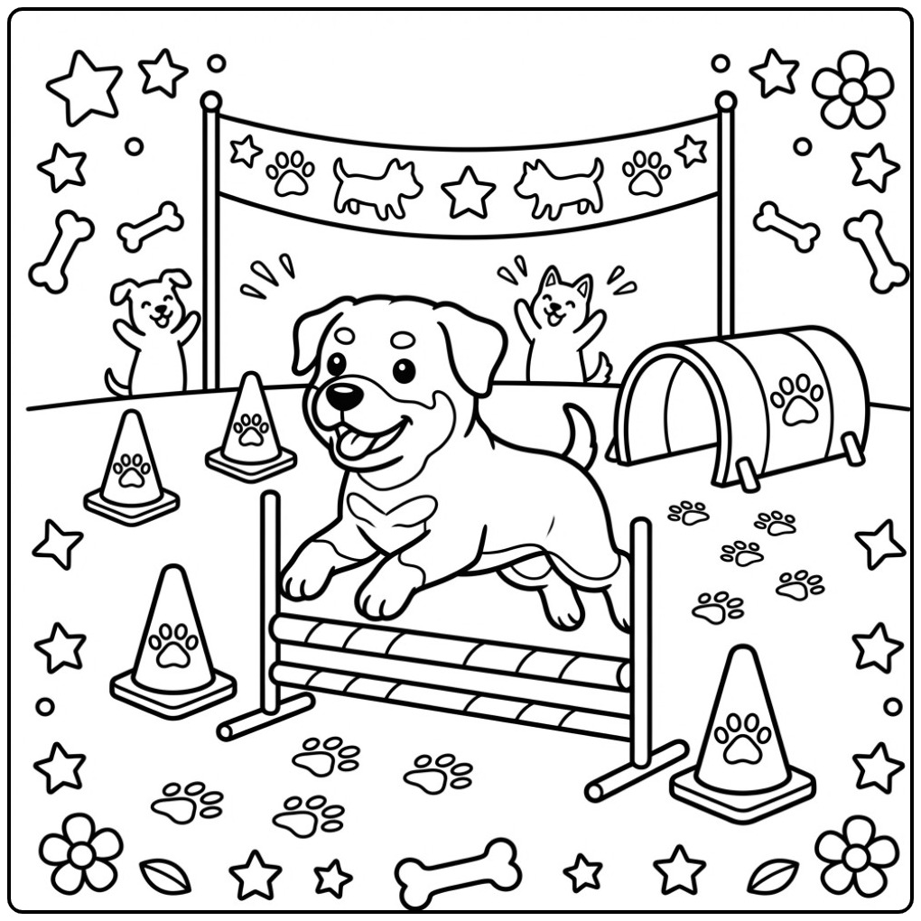 Rottweiler Jumping on an Agility Course coloring page