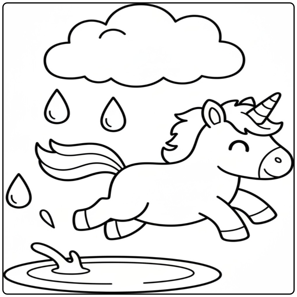 Cheerful Jumping Unicorn Easy in the Rain coloring page