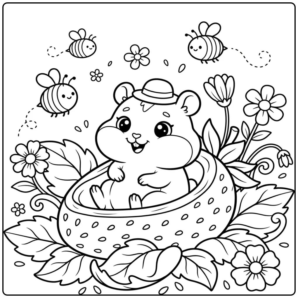 Baby Hamster coloring page in a strawberry boat