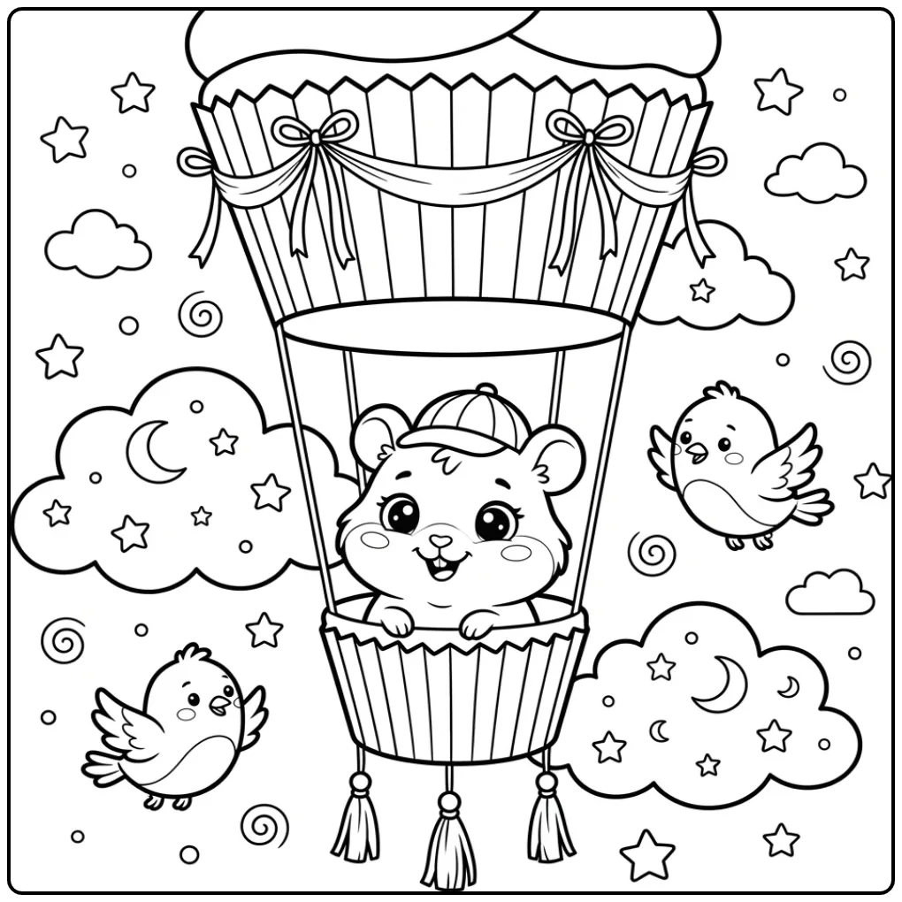 Baby Hamster coloring page in a cupcake balloon