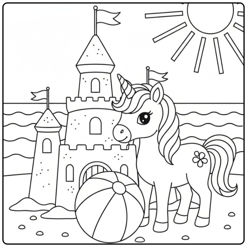 Cheerful Baby Unicorn a Sand Castle coloring page