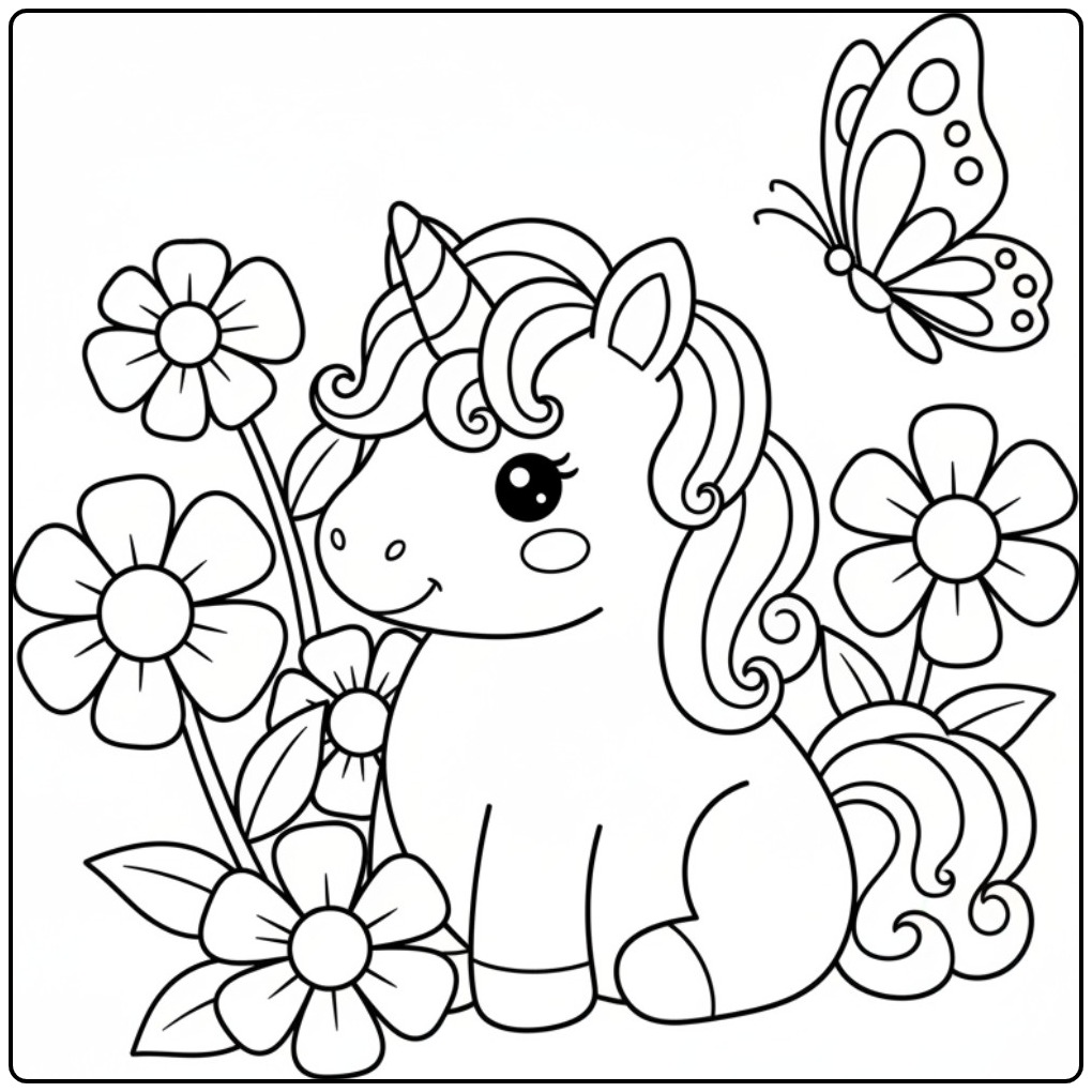 Cheerful Baby Unicorn a Butterfly and Flowers coloring page