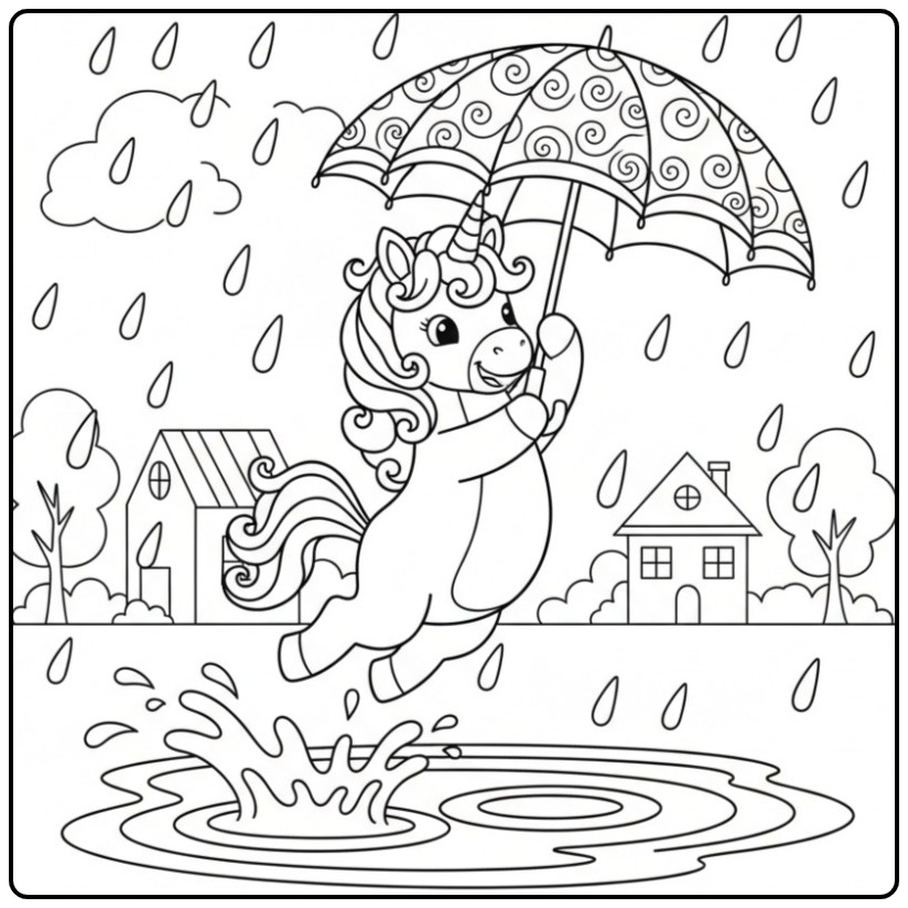 Cheerful Baby Unicorn Umbrella in the Rain coloring page
