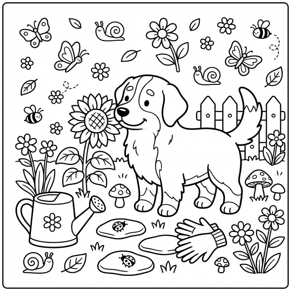 Bernese Mountain Dog Smelling a Sunflower coloring page