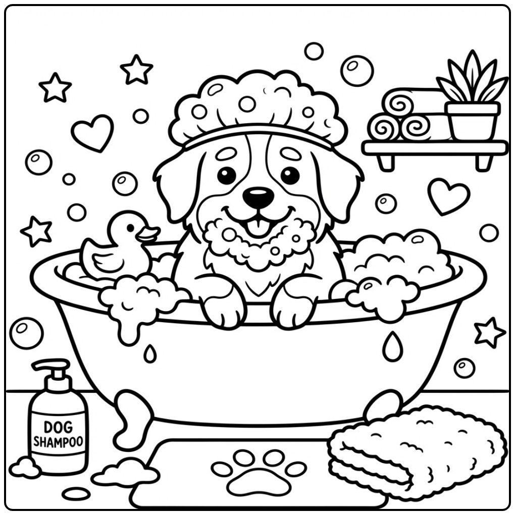 Bernese Mountain Dog Puppy Taking a Bubble Bath coloring page