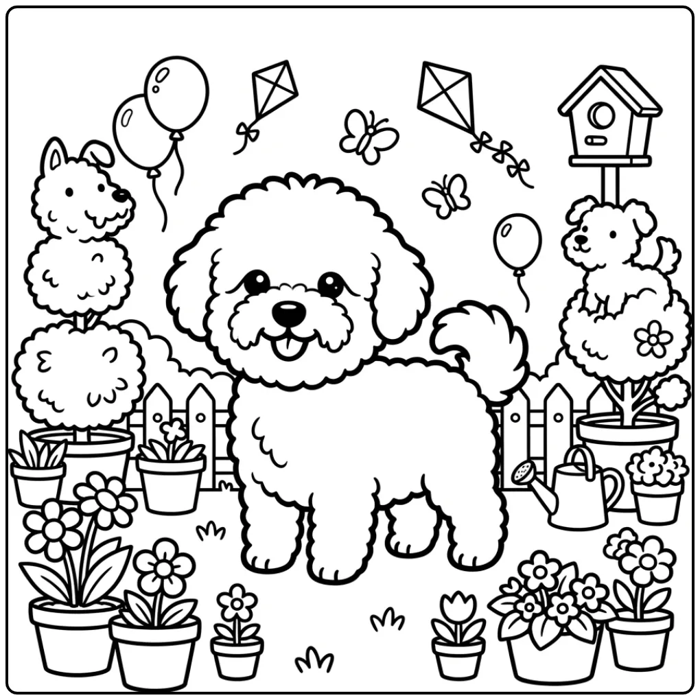 Cheerful Bichon Frise in a Flower Garden coloring page