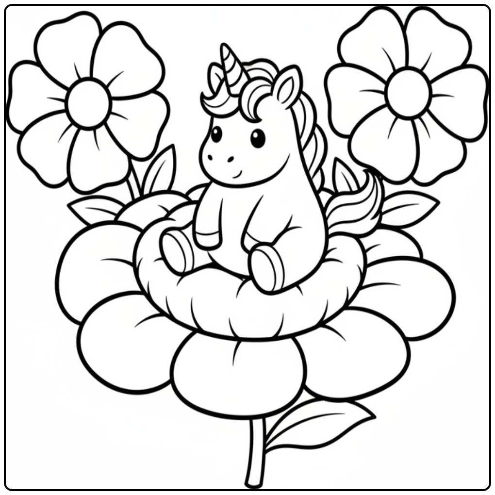 Cheerful Flowers and a Unicorn Cute coloring page