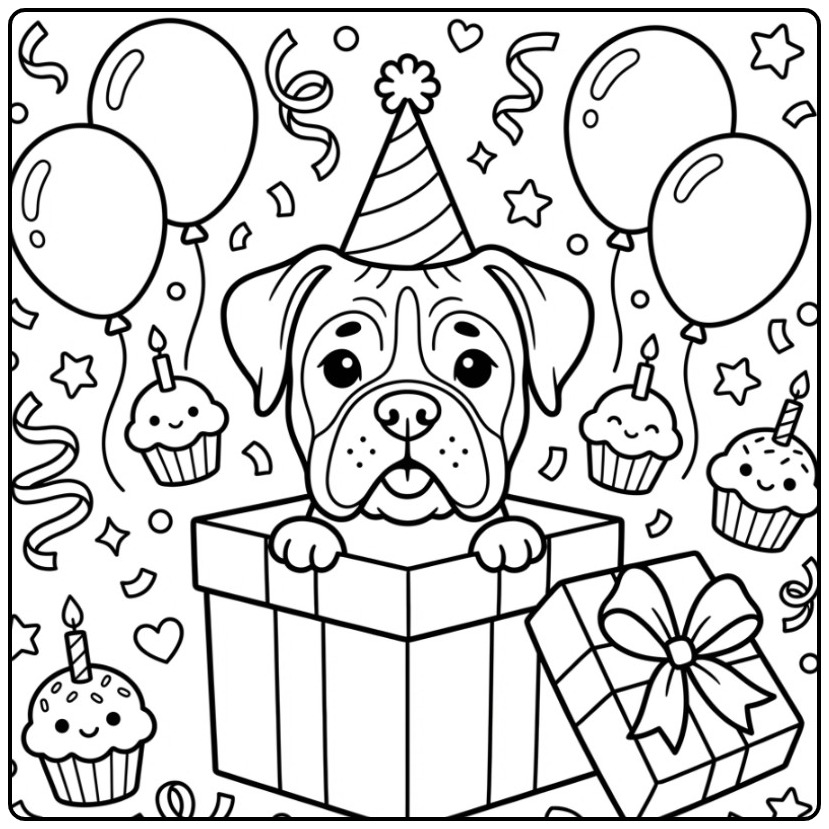 Boxer Dog Head with a Birthday Party Hat coloring page