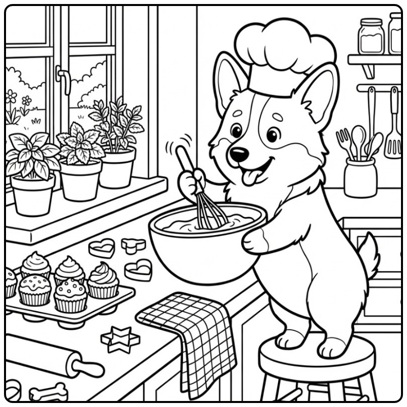 Corgi Chef Baking Cupcakes coloring page