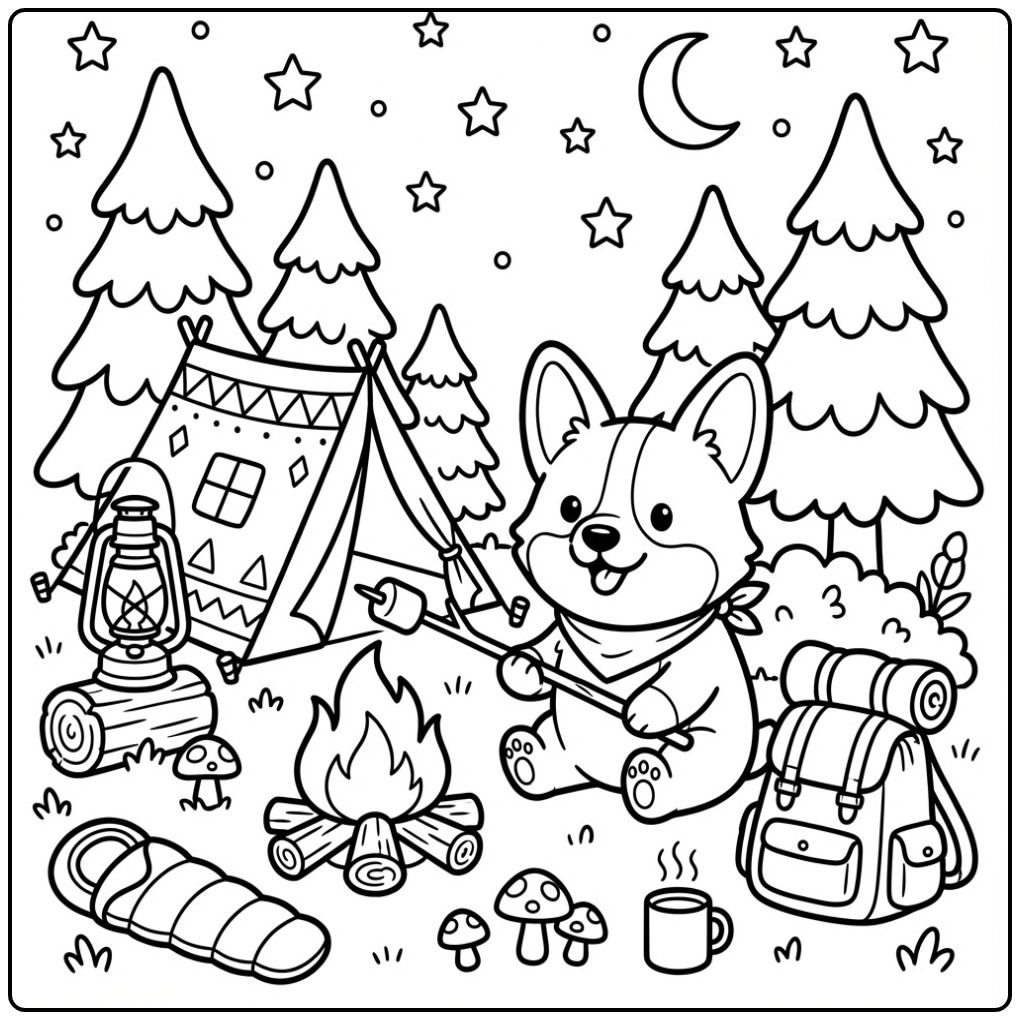 Corgi Camping by a Campfire coloring page