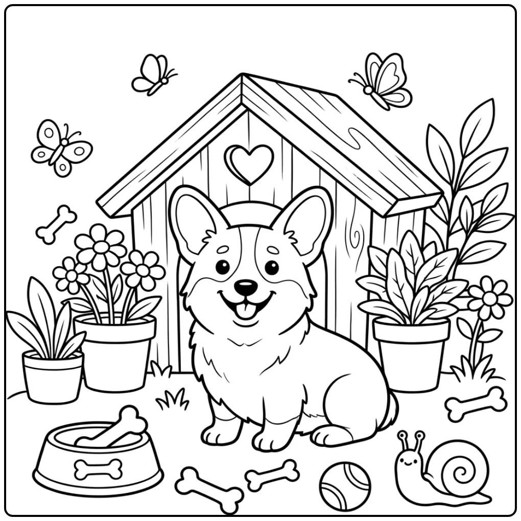 Cheerful Corgi with Doghouse coloring page