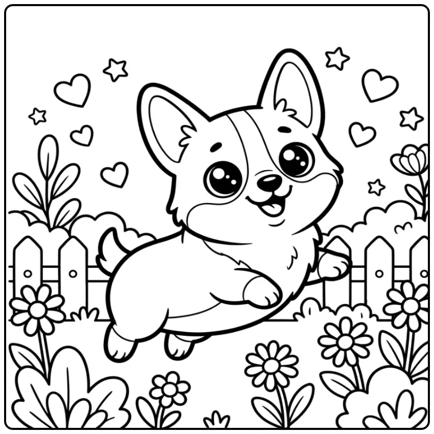Cheerful Kawaii Corgi in the Garden coloring page