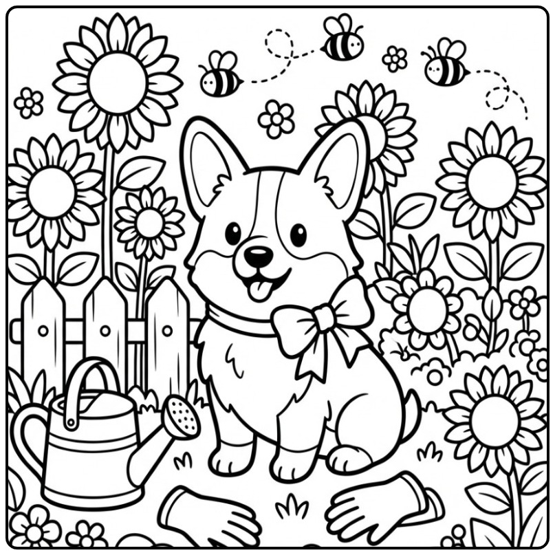 Corgi in a Sunflower Garden coloring page